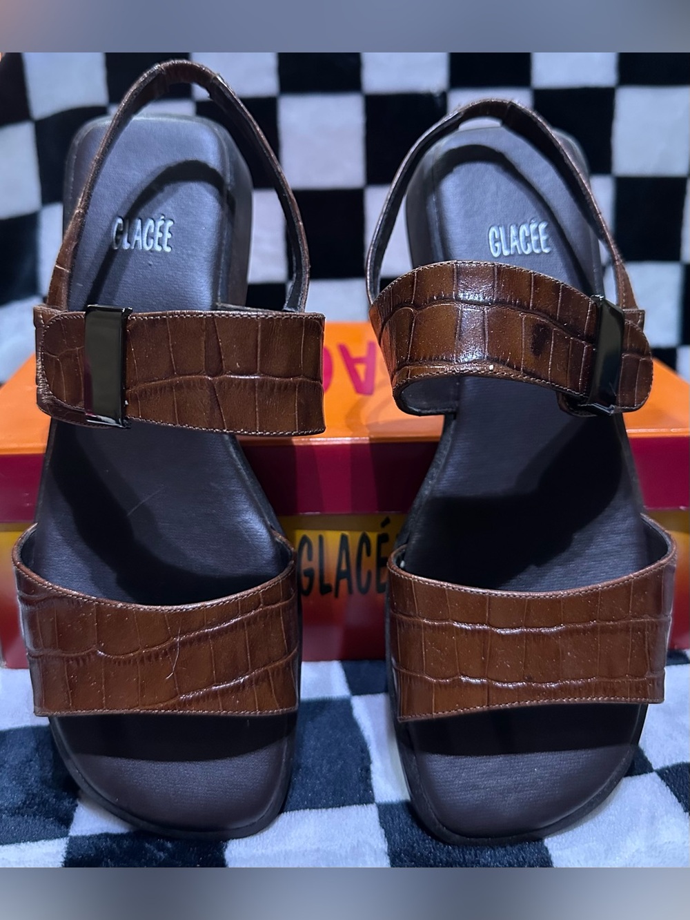 Glace Brown Croc Print Platform Slingback Sandals Women’s Size 7